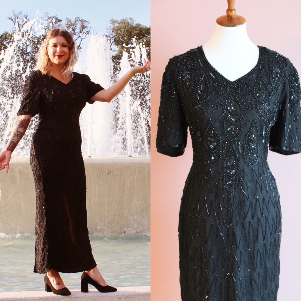 Vintage black beaded maxi dress